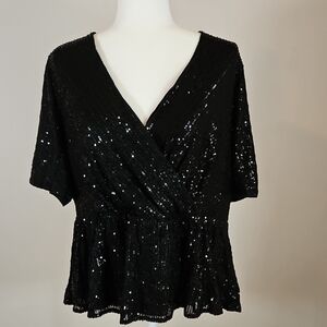 Grace Karin 2X Babydoll Sequined  Short Sleeve Black Top Event NYE